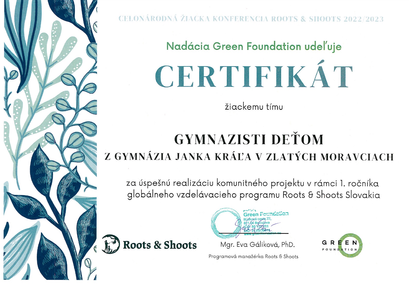 certifikát Roots & Shoots