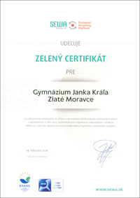 Zelený certifikát pre Gymnázium Janka Kráľa Zlaté Moravce