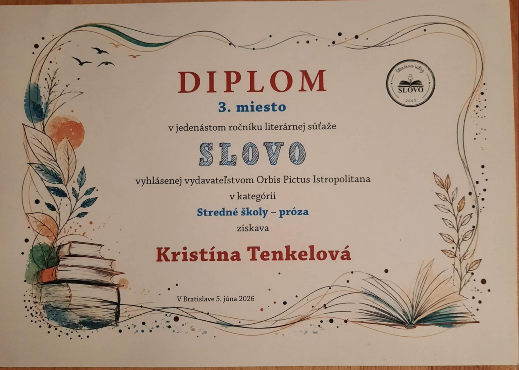 Skvel� 3.&nbsp;miesto v&nbsp;11.&nbsp;ro�n�ku celoslovenskej liter�rnej s��a�e SLOVO